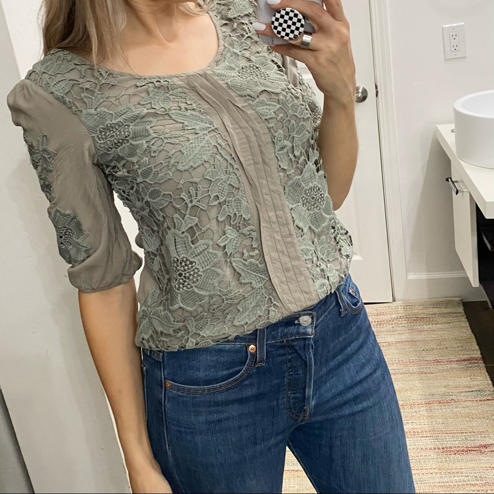 Solitaire Lace Overlay Scoop Neck Blouse in Sage Green